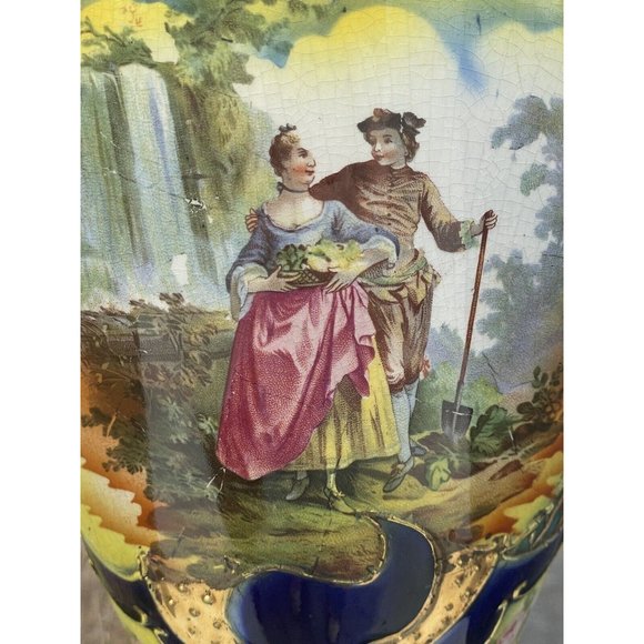 18 3/8" LARGE Antique Ceramic Vase 'Dudley' Transfer Print Cobalt Blue Gilt - Picture 6 of 16